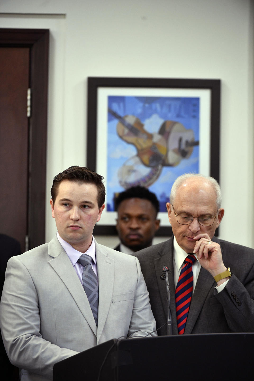 Andrew Delke and his attorney David Raybin stand in court before Delke pleads guilty to manslaughter on Friday, July 2, 2021 in Nashville. Delke pleaded guilty to manslaughter over the death of 25-year-old Daniel Hambrick in 2018 as part of an agreement with prosecutors. (Josie Norris/The Tennessean via AP, Pool)