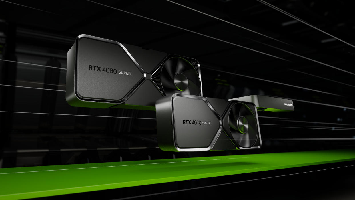  A trio of Nvidia RTX 40-series Super GPU against a green and black background. 