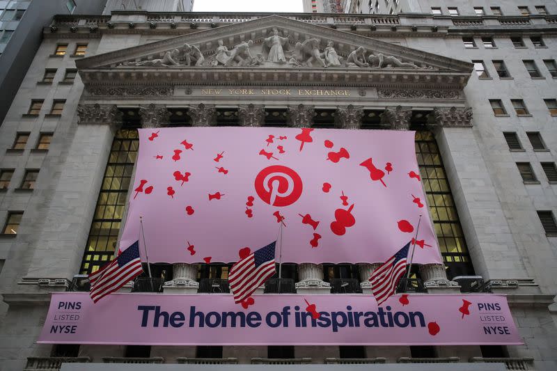 A banner celebrating the IPO of Pinterest Inc. hangs on the front of the NYSE in New York