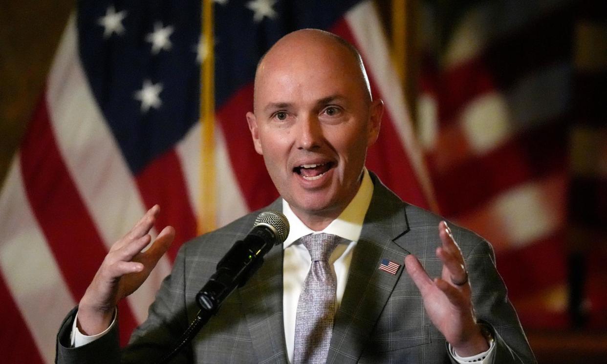 <span>Spencer Cox at a news briefing during the final day of the Utah legislature, on 1 March 2024, in Salt Lake City.</span><span>Photograph: Rick Bowmer/AP</span>