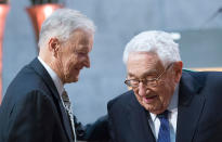 <p>Former National Security Advisor Zbigniew Brzezinski (L) and Former Secretary of State Henry Kissinger are pictured at the Nobel Peace Prize Forum in Oslo, Norway on Dec. 11, 2016. (Photo: Terje Bendiksby/AFP/Getty Images) </p>