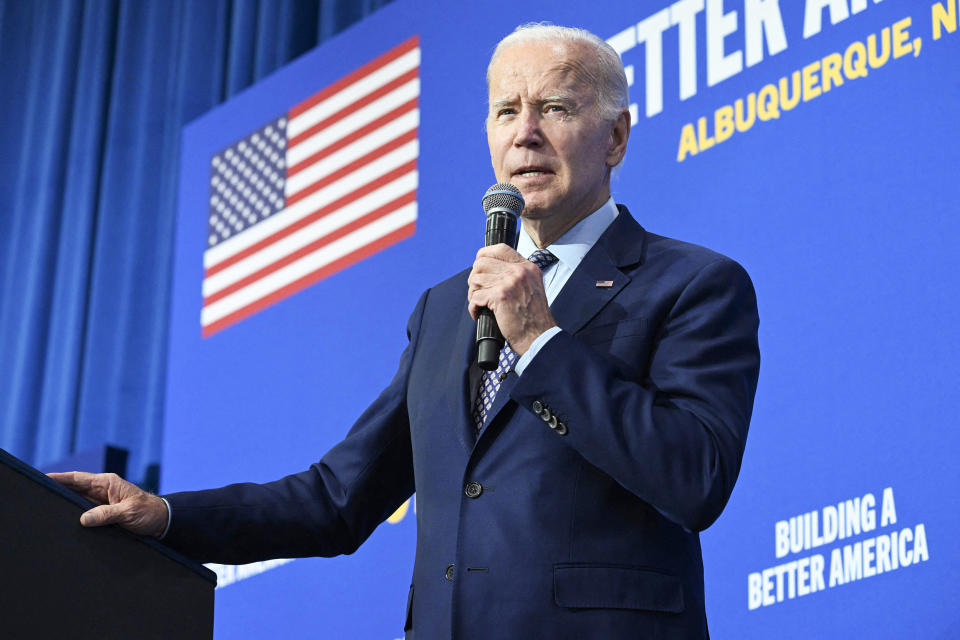 US President Joe Biden speaks at a rally hosted by the Democratic Party of New Mexico at Ted M. Gallegos Community Center in Albuquerque, New Mexico, on November 3, 2022. (Saul Loeb / AFP - Getty Images)