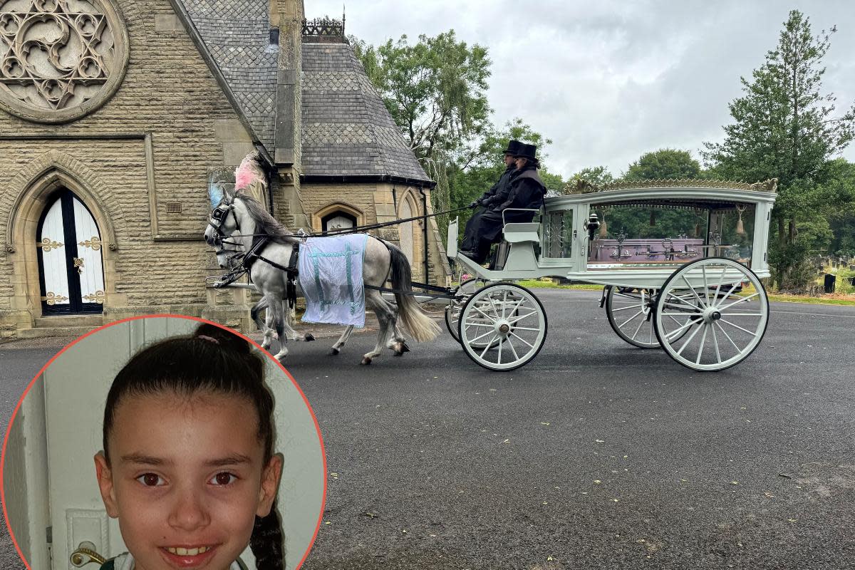 Shaylisha Morrison, inset, and her coffin arriving at the chapel at Bury Cemetery on Friday <i>(Image: NQ)</i>
