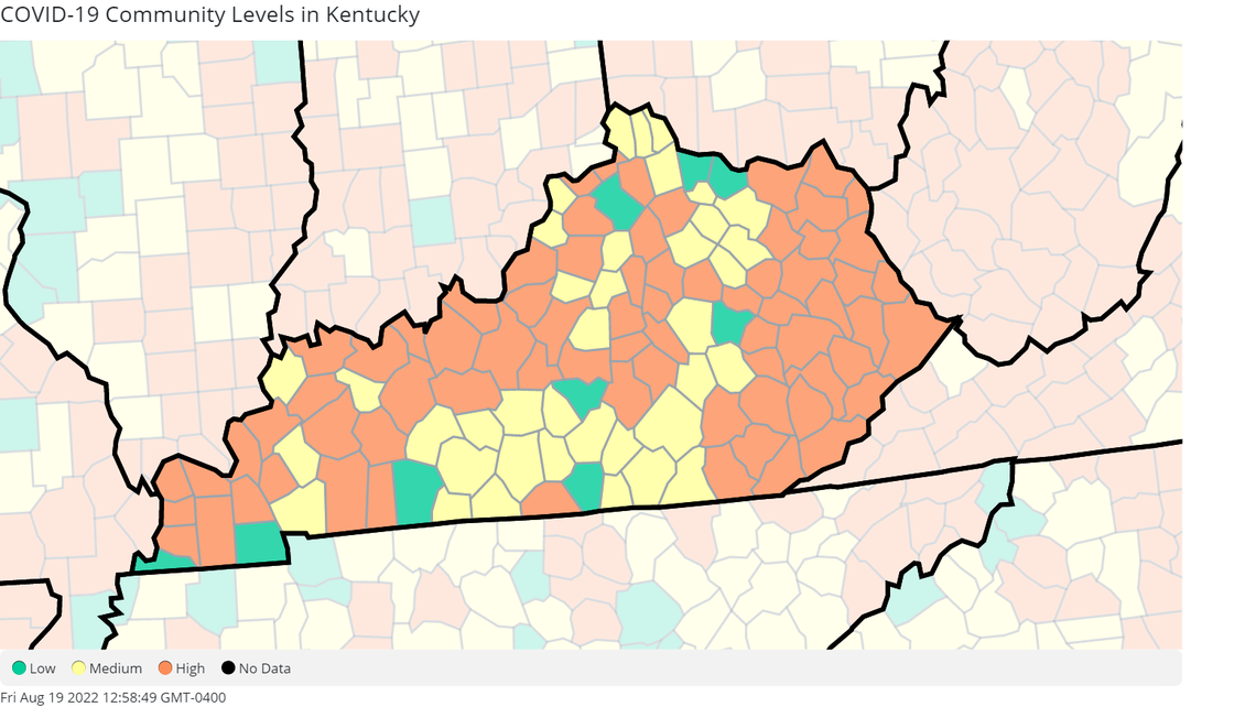 Kentucky’s COVID-19 Community Levels, per the U.S. Centers for Disease Control and Prevention as of Aug. 18, 2022.