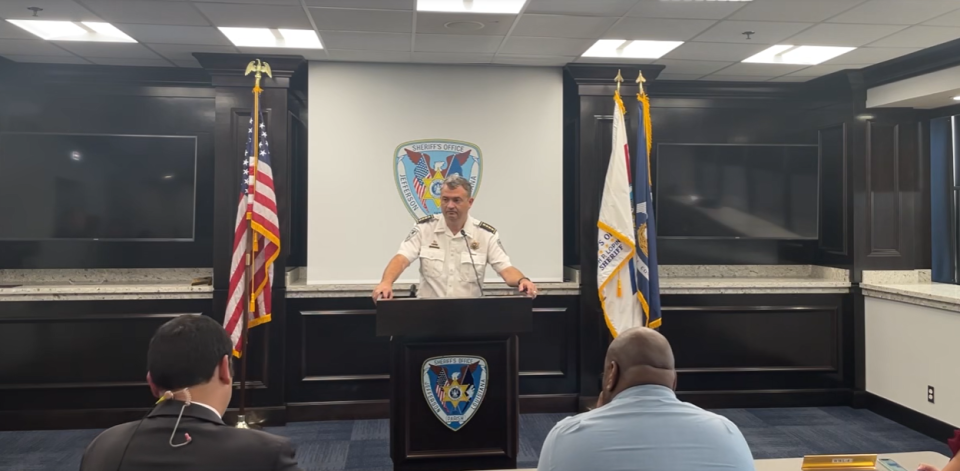 Jefferson Parish Sheriff Joseph Lopinto speaks Tuesday at a press conference announcing that fugitive Leon Ruffin was taken back into custody after the murder suspect escaped Sunday.