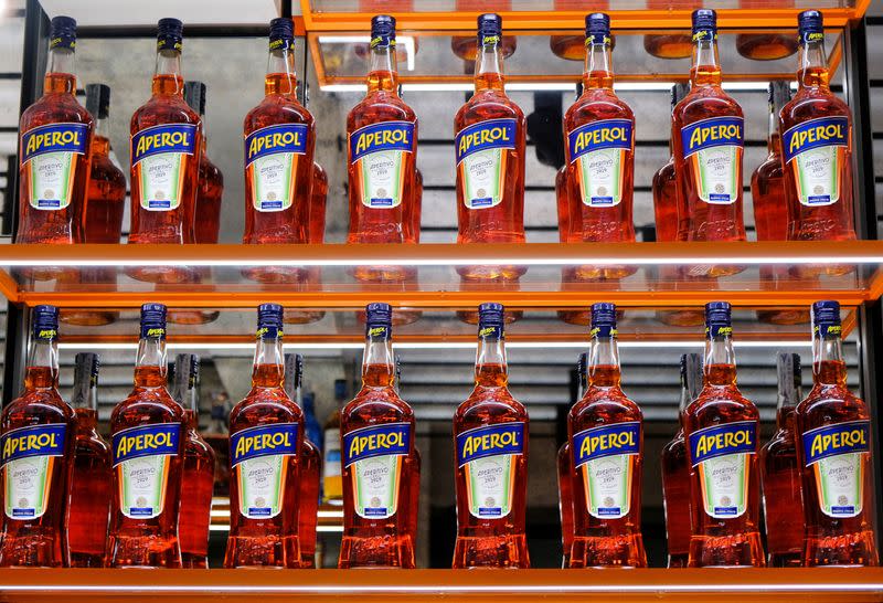 FILE PHOTO: Bottles of Aperol are seen on display at a Campari inauguration of a new brand house for Aperol, its best-selling beverage, in Venice, Italy