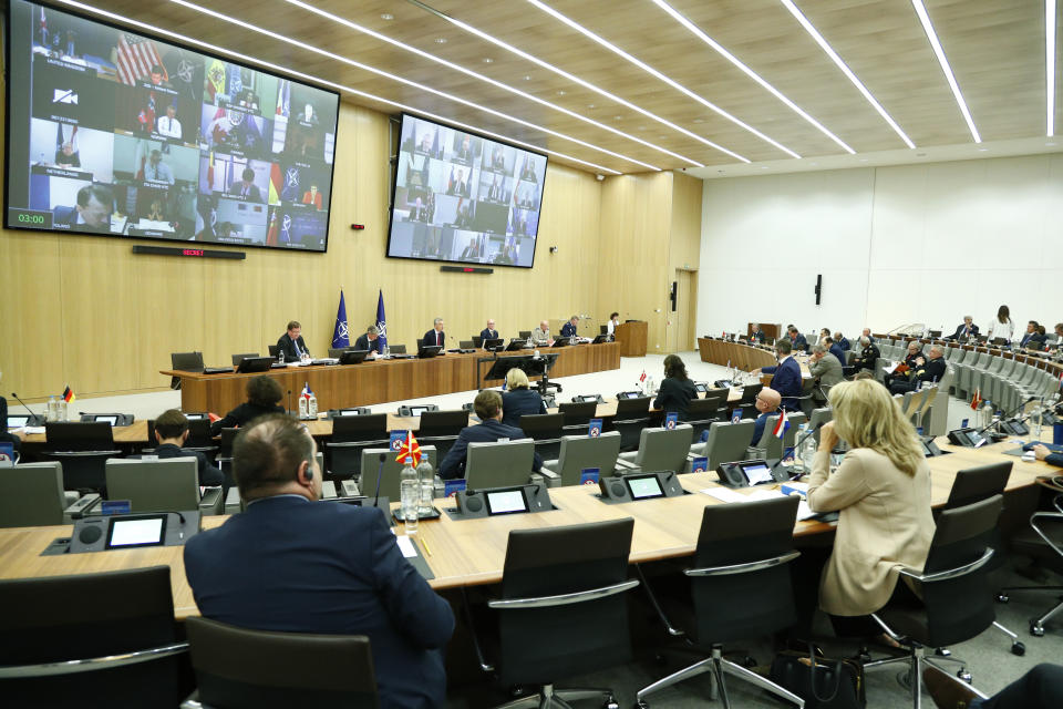 BRUSSELS, BELGIUM - JUNE 17: NATO Secretary-General Jens Stoltenberg chairs first day sessions of NATO Defence Ministers' meeting via video conference at NATO headquarters in Brussels, Belgium on June 17, 2020. (Photo by Francois Lenoir / Reuters / Pool/Anadolu Agency via Getty Images)