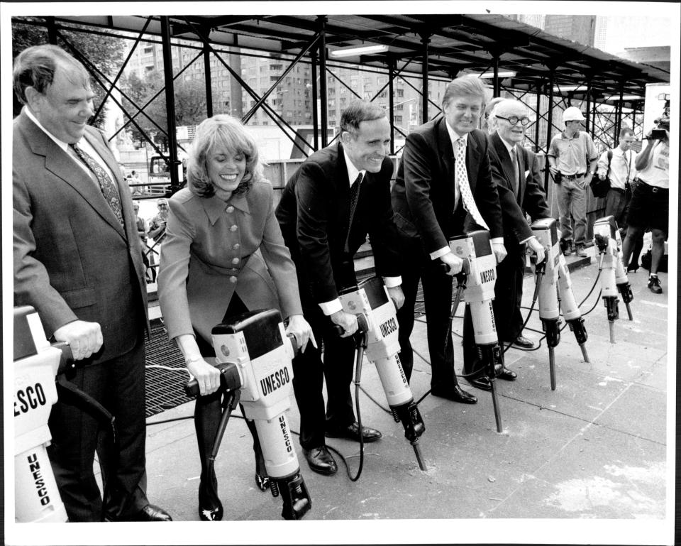 Donald Trump&rsquo;s groundbreaking ceremony with electric jackhammers for the new Trump International Hotel and Tower at Columbus Circle, with Lt. Gov. Betsey McCanney, Mayor Rudy Giuliani and architect Philip Johnson on June 21, 1995.