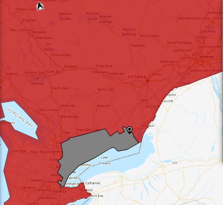 A map showing where the air quality statement applied, as of 10:52 a.m. on Tuesday. The grey area indicates the air quality statement. The red area indicates the heat warning, which is also in effect in the grey area.