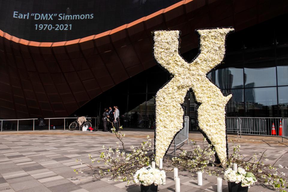 People gather for a "Celebration of Life Memorial" for rapper DMX at Barclays Center, Saturday, April. 24, 2021, in the Brooklyn borough of New York. DMX, whose birth name is Earl Simmons, died April 9 after suffering a "catastrophic cardiac arrest."