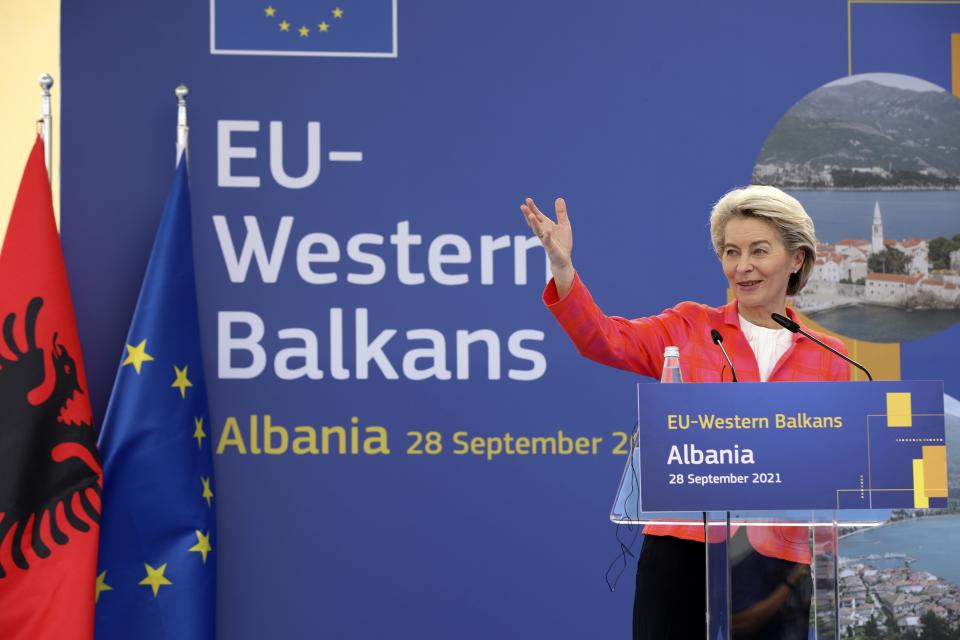 FILE - President of the European Commission Ursula von der Leyen speaks during a news conference with the Albanian Prime Minister Edi Rama in Tirana, Albania, on Sept. 28, 2021. The European Union is in the midst of yet another goodwill trip through the neighboring Western Balkans in its drive to drum up support for the bloc and to make sure that the historical tinderbox is not about to pick the side of hostile Russia or strategic rival China in the geopolitical fight. (AP Photo/Franc Zhurda, File)