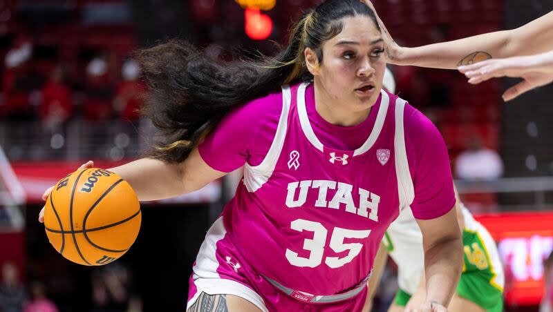 Utah Utes forward Alissa Pili (35) moves the ball during a game against the Oregon Ducks at the Huntsman Center in Salt Lake City on Saturday, Feb. 11, 2023.