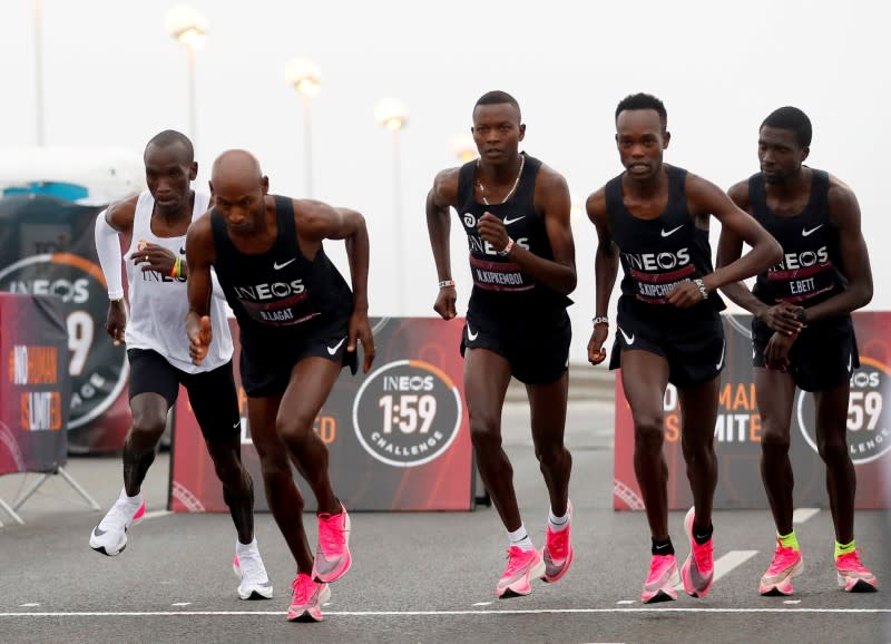 FILE PHOTO: Eliud Kipchoge, the marathon world record holder from Kenya, attempts to run a marathon in under two hours in Vienna