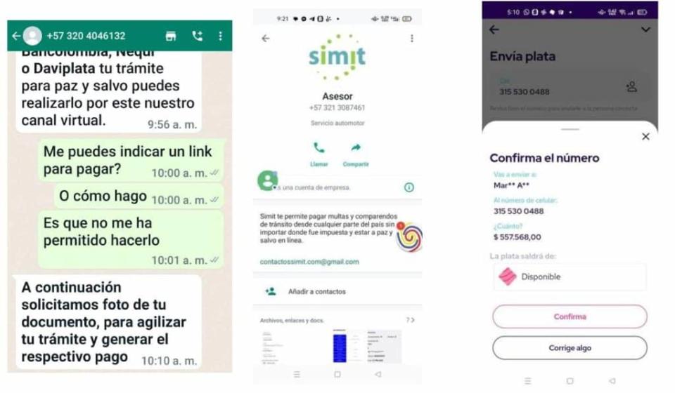 Capturas de pantalla de whatsapp de delincuentes que se hacen pasar por el Simit para estafar a los ciudadanos colombianos.