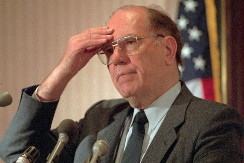 FILE - In this Feb. 3, 1994, file photo, Lyndon LaRouche Jr. gestures during a news conference in Arlington, Va. Political extremist and perennial presidential candidate LaRouche has died on feb. 12, 2019, at age 96. (AP Photo/Joe Marquette, File)