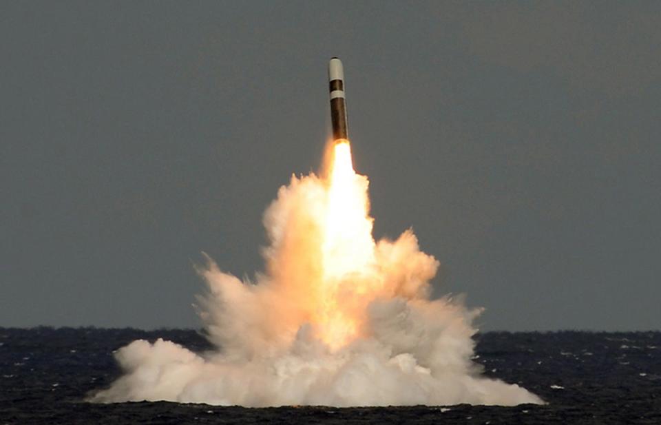Undated handout photo issued by the Ministry of Defence of a still image taken from video of the missile firing from HMS Vigilant, which fired an unarmed Trident II (D5) ballistic missile (PA)