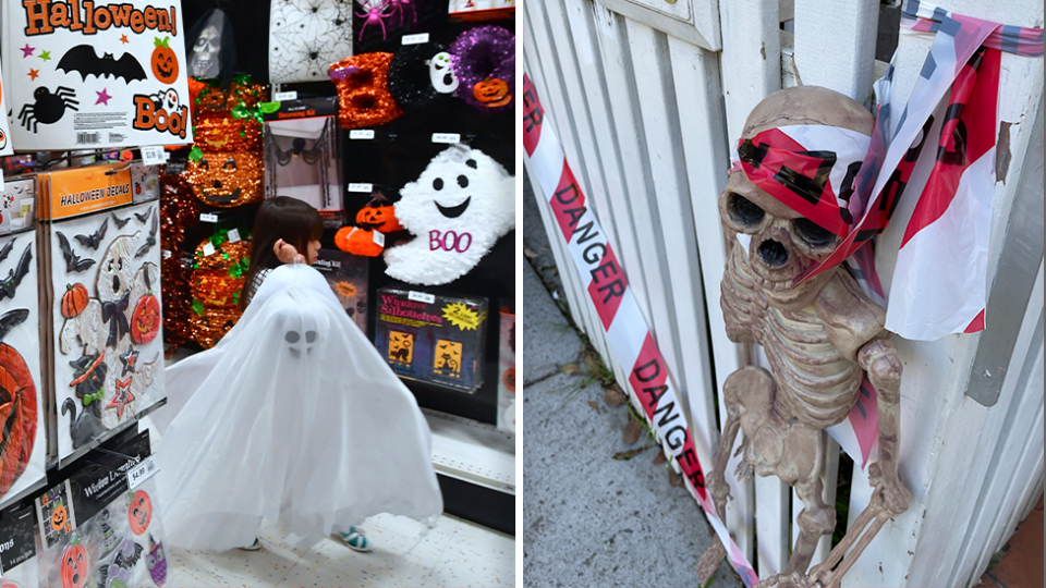 Left - A child dressed up as a ghost in a store. Right - Close up of Halloween decorations on a fence, including a skeleton.