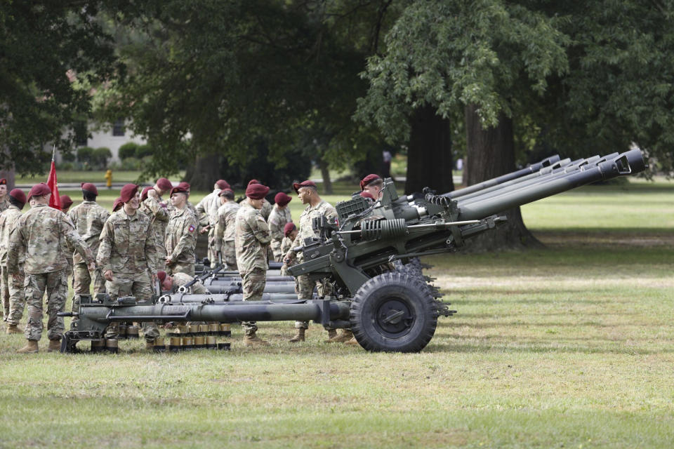 Preparations are underway for a ceremony to rename Fort Bragg on Friday, June 2, 2023 in Fort Bragg, N.C. The U.S. Army changed Fort Bragg to Fort Liberty as part of a broader initiative to remove Confederate names from bases. (AP Photo/Karl B DeBlaker)