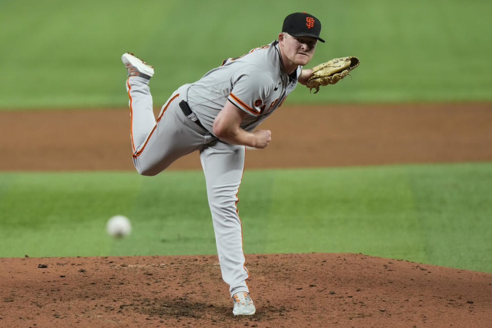San Francisco Giants starting pitcher Logan Webb throws during the third inning of a baseball game against the Miami Marlins, Monday, April 17, 2023, in Miami. (AP Photo/Lynne Sladky)