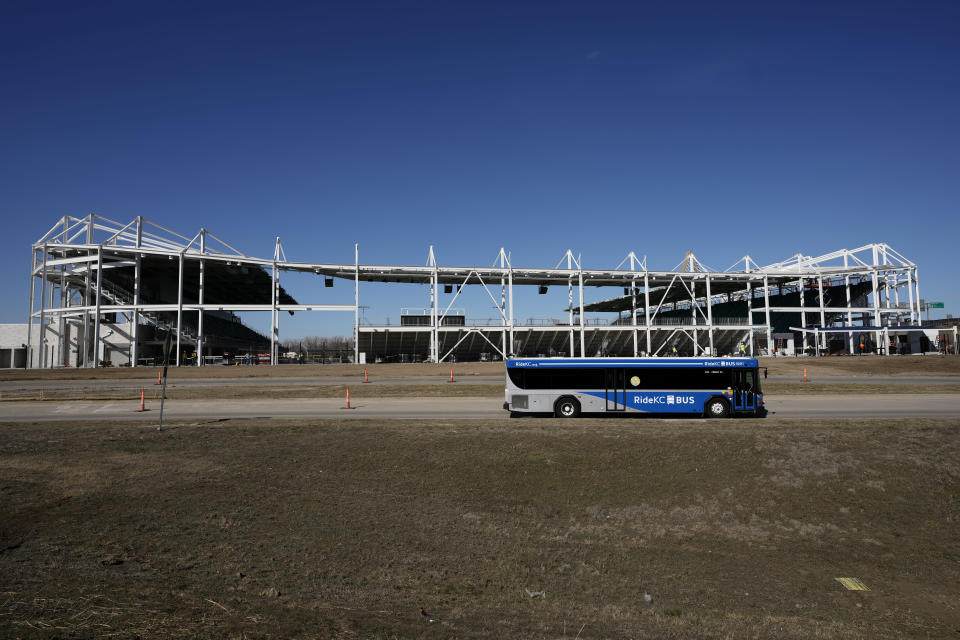 Work continues on a the new Kansas City Current soccer stadium Thursday, Feb. 22, 2024, in Kansas City, Mo. The National Women's Soccer League team will open their season on March 16 in the new stadium which is the first built specifically for a professional woman's soccer team. (AP Photo/Charlie Riedel)