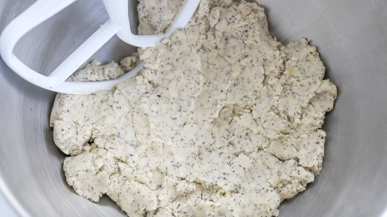 Lemon-glazed Earl Grey cookie dough in stand mixer