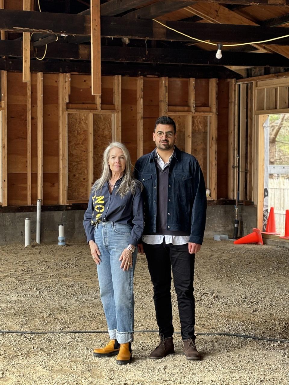 Paula and Clayton Daher, the mother-and-son team behind a Boston interior design firm, stand inside the former Market Day complex on Port Road in Kennebunk, Maine, on April 19, 2024. They are renovating the building into a new design studio and retail shop.