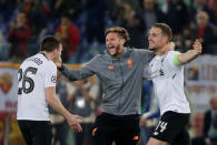 <p>Soccer Football – Champions League Semi Final Second Leg – AS Roma v Liverpool – Stadio Olimpico, Rome, Italy – May 2, 2018 Liverpool’s Jordan Henderson, Adam Lallana and Andrew Robertson celebrate after the match REUTERS/Max Rossi </p>