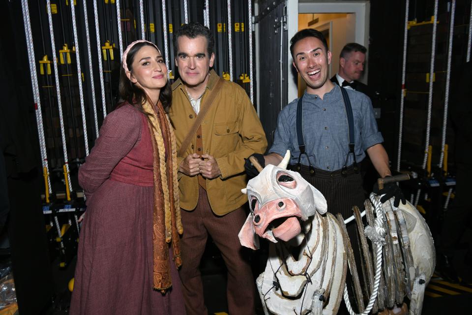 "Into the Woods" cast members Sara Bareilles, Brian d'Arcy James and Kennedy Kanagawa backstage at the Tony Awards in New York Sunday.