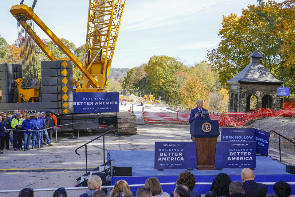 FILE - President Joe Biden speaks about his infrastructure agenda at Fern Hollow Bridge in Pittsburgh, Oct. 20, 2022. (AP Photo/Patrick Semansky, File)