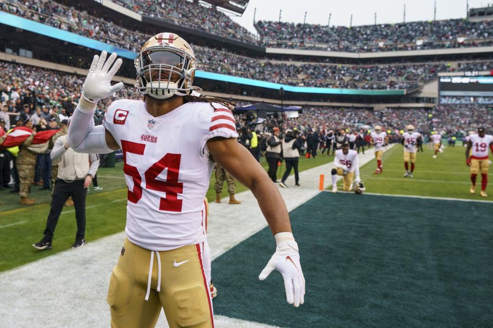 San Francisco 49ers linebacker Fred Warner (54) reacts prior to the NFC championship game against the Philadelphia Eagles, Sunday, Jan. 29, 2023, in Philadelphia. | Chris Szagola, Associated Press