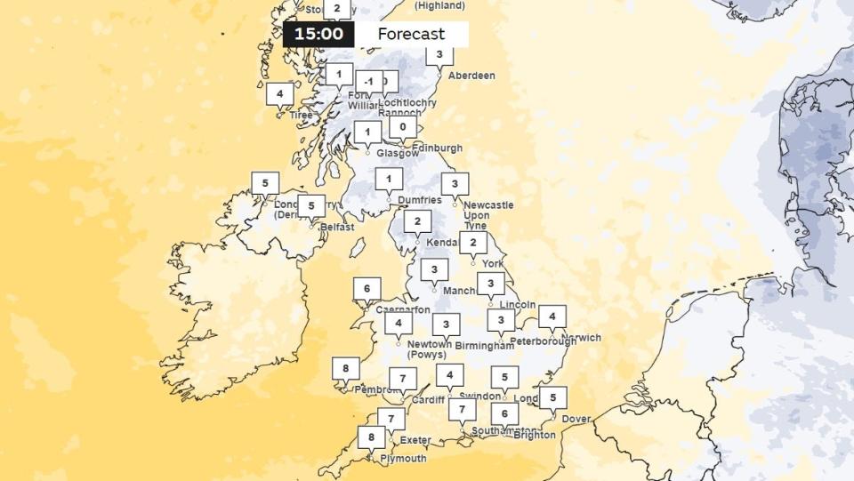 Temperatures across the UK on Wednesday at 3pm (Met Office)