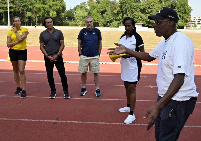 American Jackie Joyner Kersee and US' trainer Bob Kersee pictured during a long jump clinic with Joyner-Kersee and Oliva at the Vilvoorde Atletiek Club VAC, ahead of the Memorial Van Damme Diamond League meeting athletics event, in Vilvoorde, Wednesday 31 August 2022. The Diamond League meeting takes place on 02 September. BELGA PHOTO ERIC LALMAND (Photo by ERIC LALMAND / BELGA MAG / Belga via AFP) (Photo by ERIC LALMAND/BELGA MAG/AFP via Getty Images)