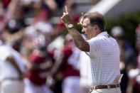 Alabama head coach Nick Saban runs warm-ups before an NCAA college football game against Mercer, Saturday, Sept. 11, 2021, in Tuscaloosa, Ala. (AP Photo/Vasha Hunt)