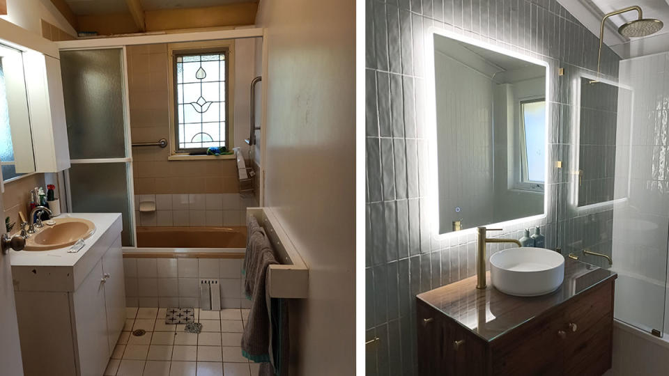 Before and after photos of a bathroom renovation.