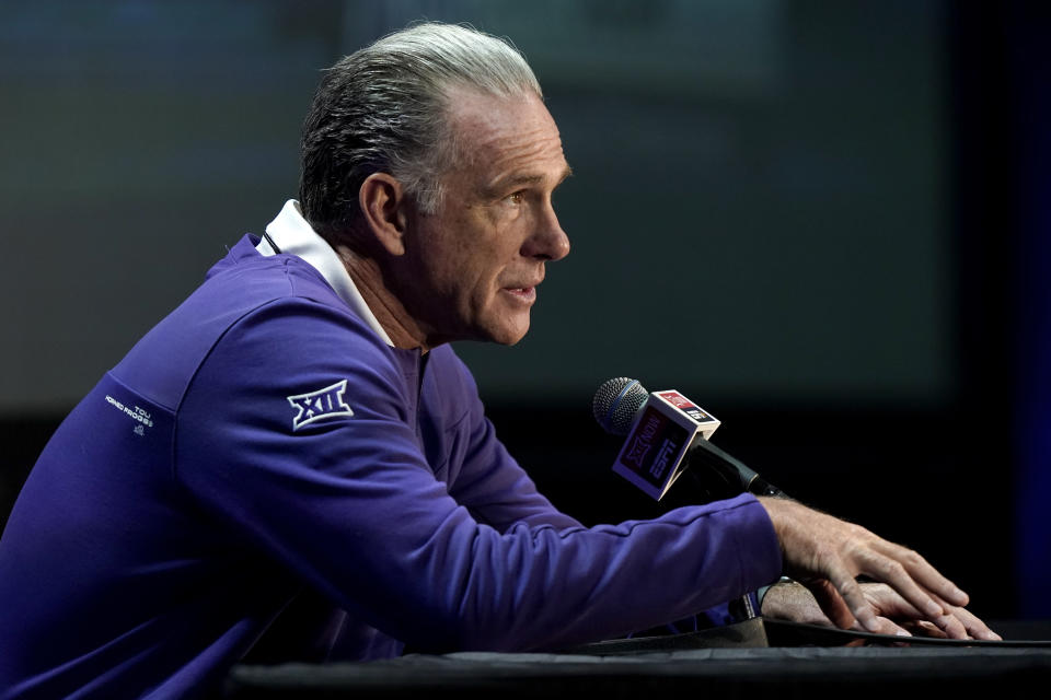 TCU coach Jamie Dixon speaks to the media during Big 12 NCAA college basketball media day Wednesday, Oct. 20, 2021, in Kansas City, Mo. (AP Photo/Charlie Riedel)