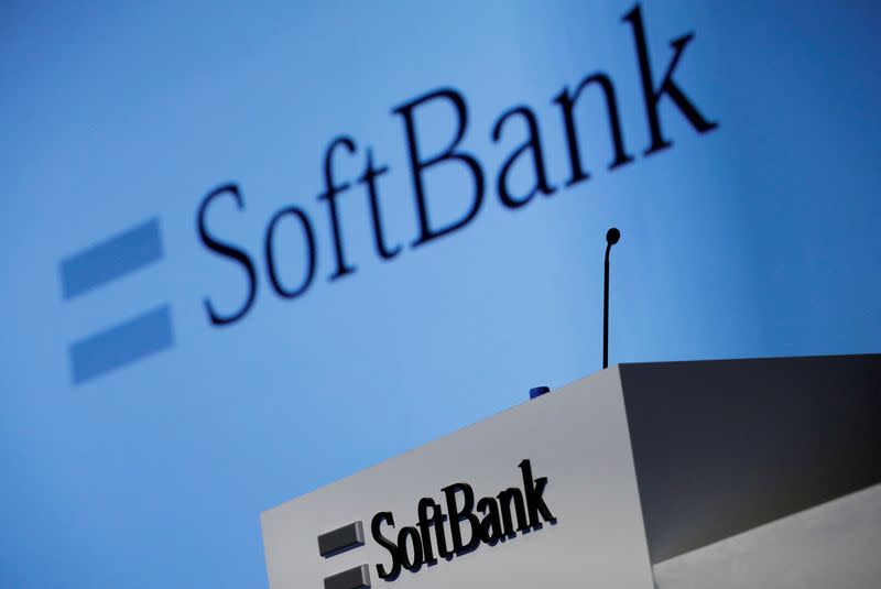 FILE PHOTO: SoftBank Corp's logo is pictured at a news conference in Tokyo