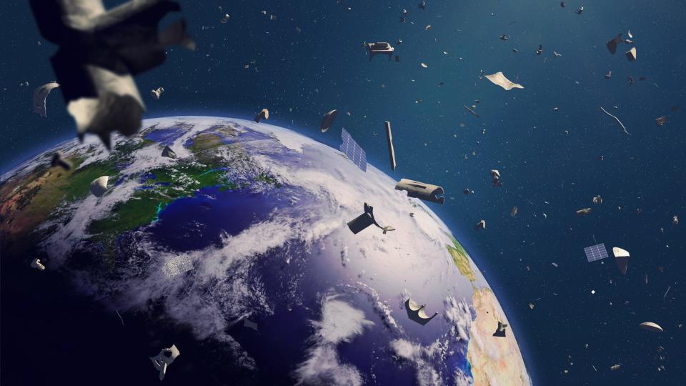 Illustration of space debris floating around Earth