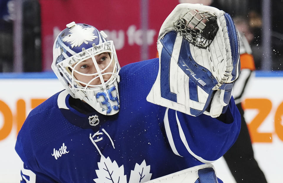 Toronto Maple Leafs goaltender Ilya Samsonov (35) makes a save against the Dallas Stars during the third period of an NHL hockey game Wednesday, Feb. 7, 2024, in Toronto. (Nathan Denette/The Canadian Press via AP)