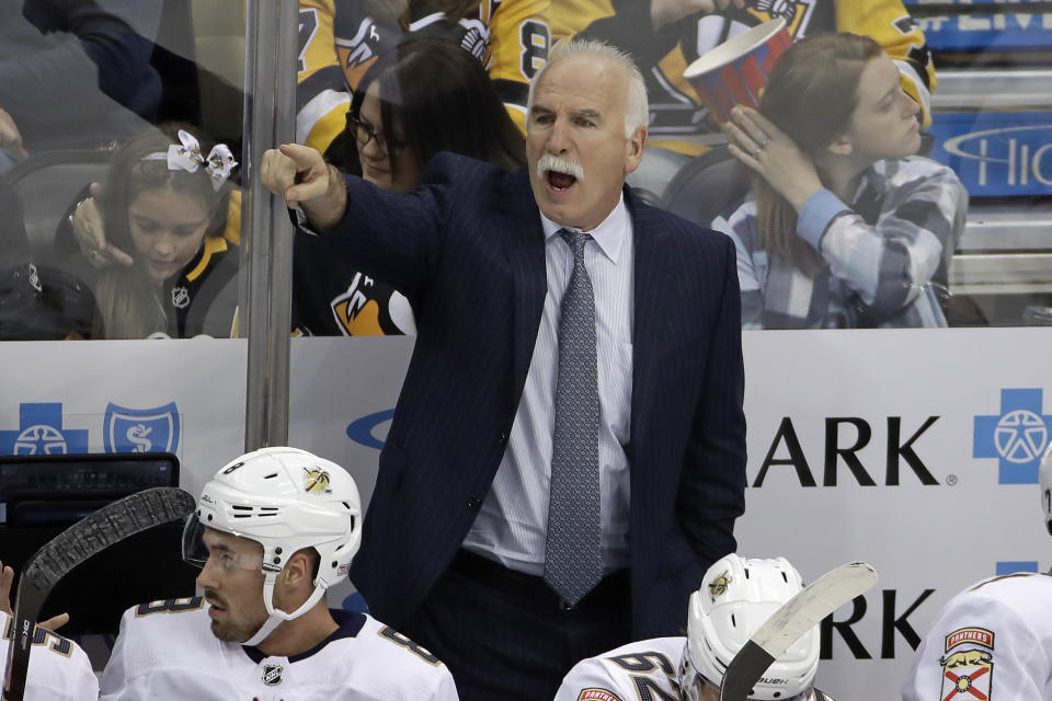 Florida Panthers head coach Joel Quenneville gives instructions during the first period of an NHL hockey game against the Pittsburgh Penguins in Pittsburgh, Sunday, Jan. 5, 2020. (AP Photo/Gene J. Puskar)