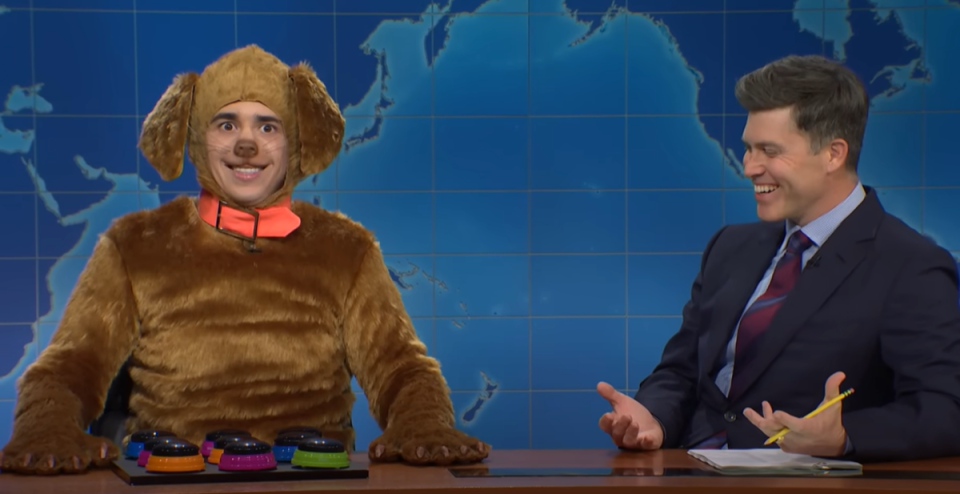 Marcello Hernández playing Kristi Noem’s dog Cricket on Saturday Night Live’s Weekend Update with Colin Jost this weekend (Saturday Night Live)