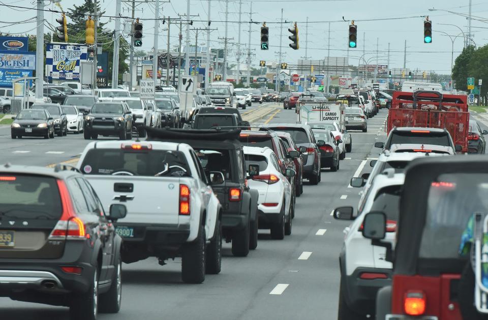 Traffic was heavy on Coastal Highway as visitors leave Rehoboth Beach before Tropical Storm Elsa arrives on Thursday.