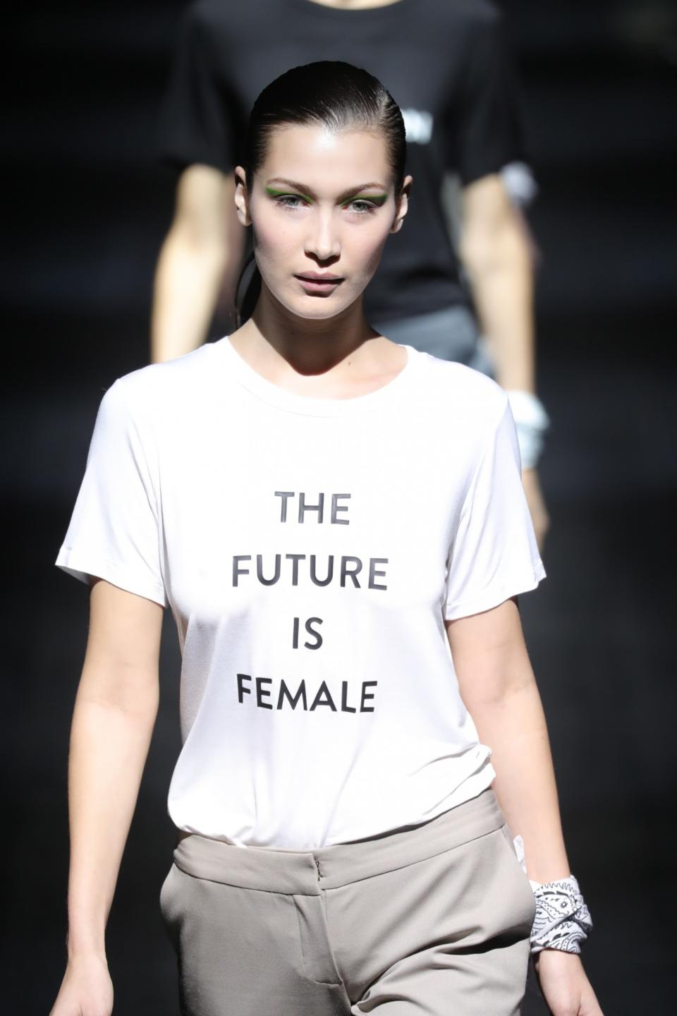 <p>Bella Hadid walks in the Prabal Gurung show in New York, wearing one of a handful of feminism- and equality-stamped T-shirts that the designer featured. (Photo: Getty Images) </p>