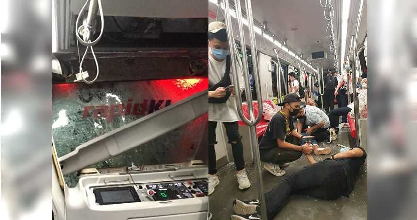 吉隆坡24晚間發生兩輛輕鐵列車相撞事故，車內多名乘客受傷，地上血跡斑斑。（圖／翻攝自KL_Reporter Twitter）