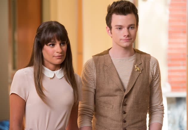 Lea Michele (left) and Chris Colfer on the set of 