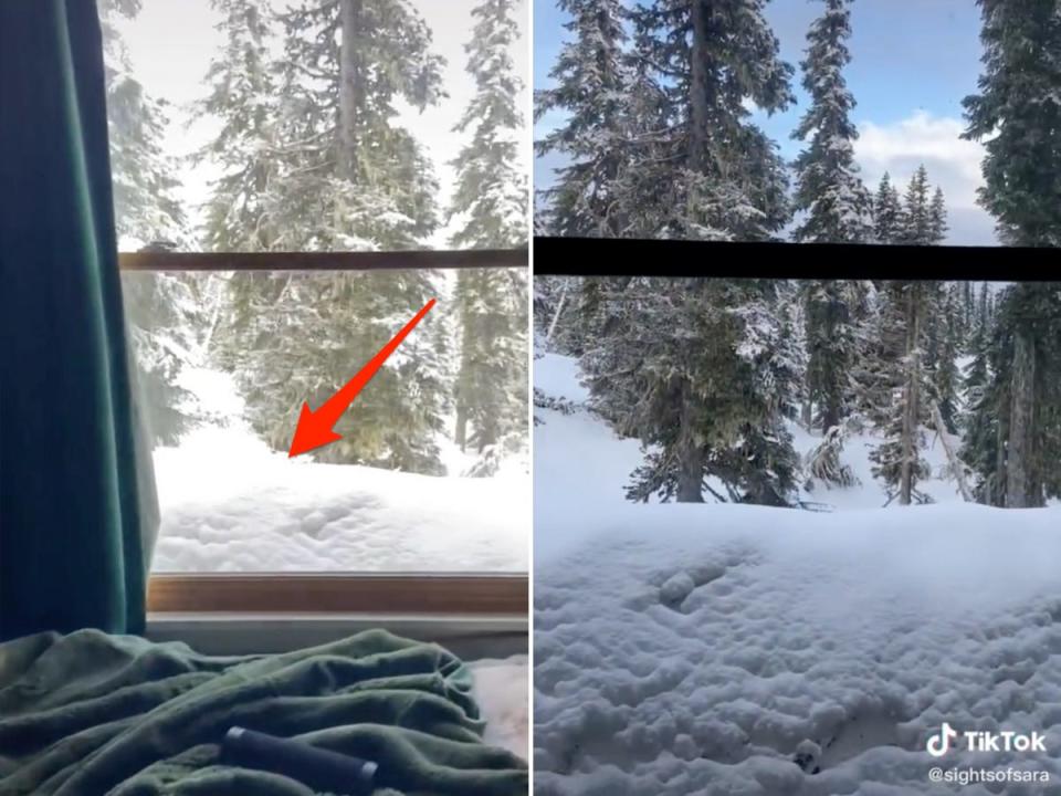 An arrow points to where the snow reaches outside her two-story bedroom.