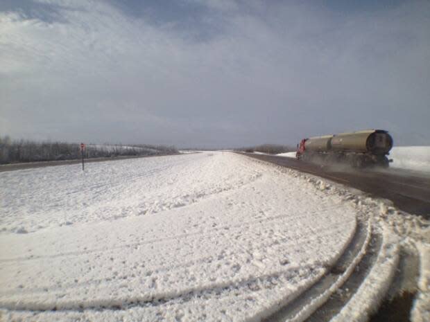 Prince Albert RCMP say a portion of Highway 3 is closed after an empty fuel truck and a small car appeared to crash head-on. (Ryan Pilon/CBC - image credit)