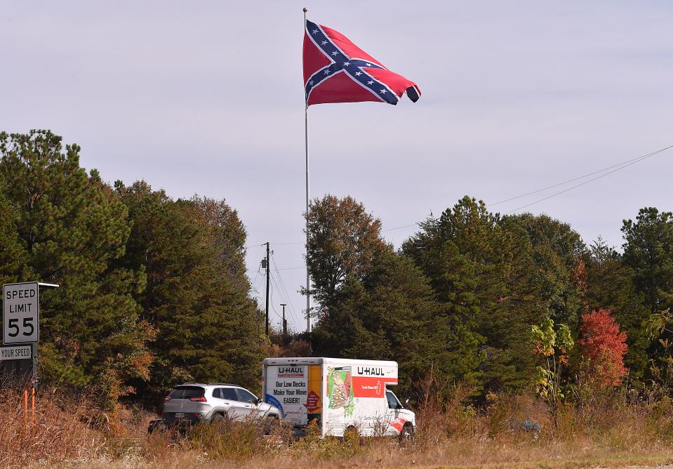 A Confederate flag has been raised over I-85 at Exit 77 in Spartanburg County. This is a photo of the flag taken on Oct. 28, 2022.