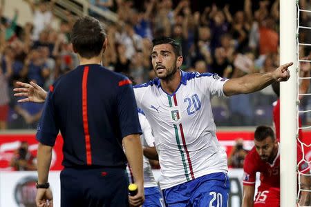 Italy's Graziano Pelle (C) celebrates after scoring against Malta during their Euro 2016 qualification match at the Franchi stadium in Florence, Italy September 3, 2015. REUTERS/Giampiero Sposito