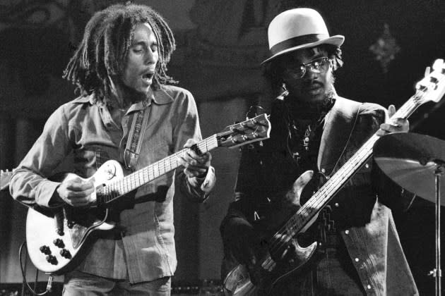 Bob Marley and Aston "Family Man" Barrett, 1975 - Credit: Redferns