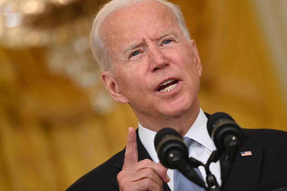 TOPSHOT - US President Joe Biden delivers remarks about the situation in Afghanistan in the East Room of the White House on August 16, 2021 in Washington,DC. - President Joe Biden broke his silence Monday on the US fiasco in Afghanistan with his address to the nation from the White House, as a lightning Taliban victory sent the Democrat's domestic political fortunes reeling. (Photo by Brendan SMIALOWSKI / AFP) (Photo by BRENDAN SMIALOWSKI/AFP via Getty Images)